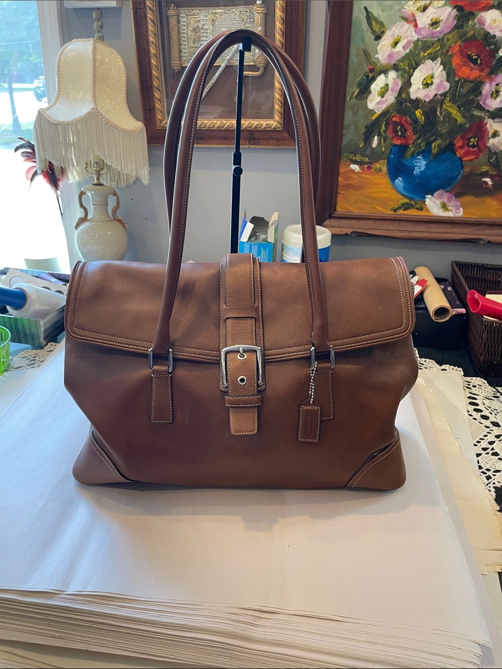 Coach LG Burnished Caramel Tan Leather Soho Buckle Flap Tote Bag Purse Satchel